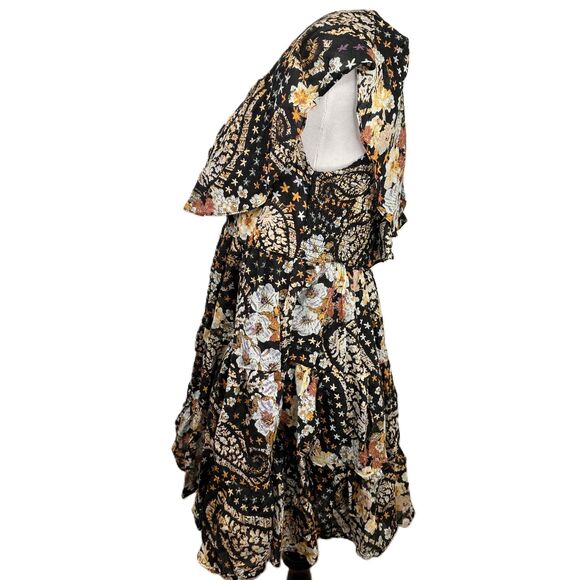 Free People Undune Mini Black Floral Ruffled V-Neck Dress Size Large - Picture 4 of 7